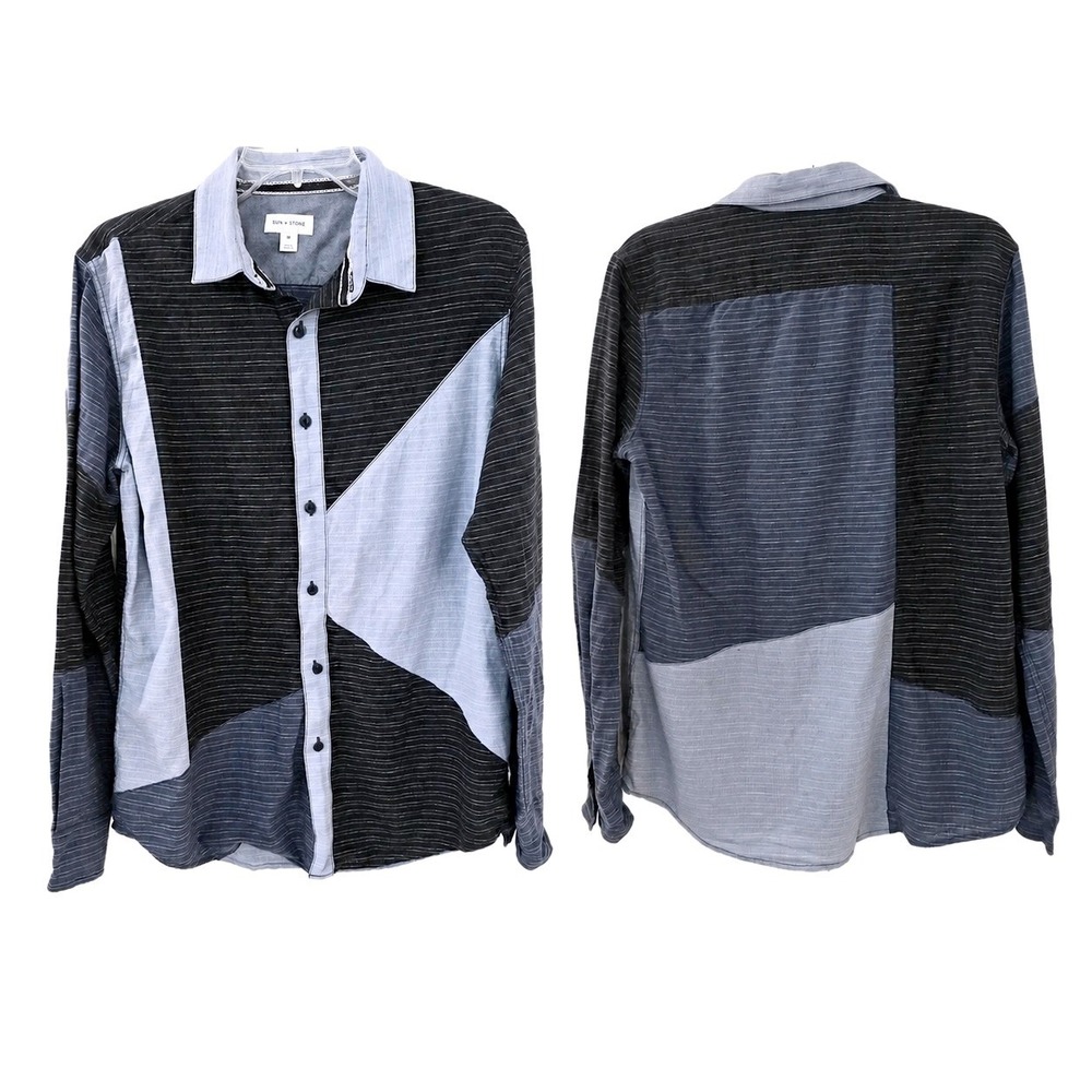 Sun + Stone Mens Medium M Leo Asymmetric Patchwork Button Up Long Sleeve‎ Shirt